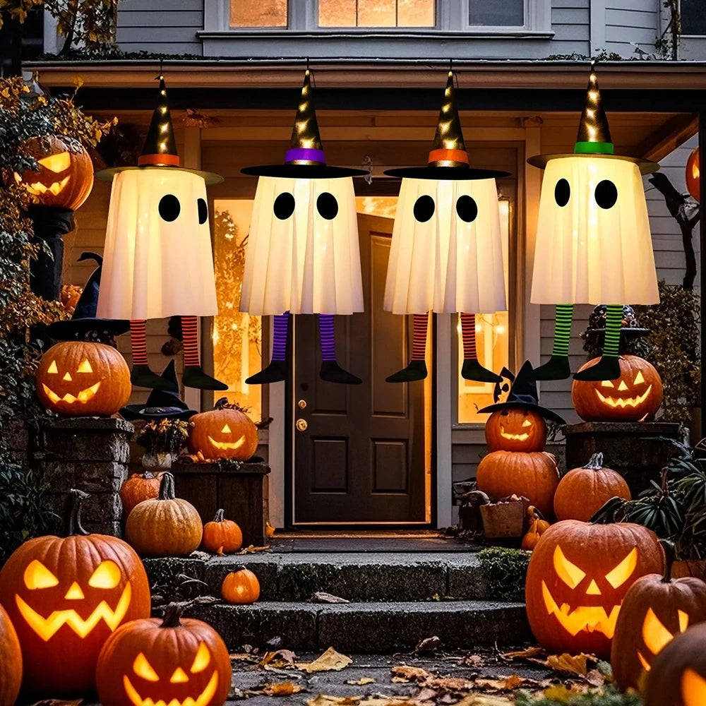 Halloween Hanging Ghost Decorations, Outdoor Halloween Witches Hat Lights, Glowing Ghosts for Garden Trees, Yard Halloween Decor