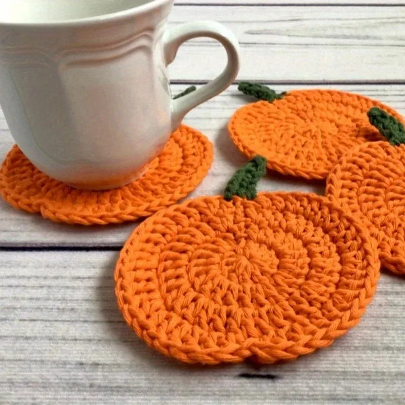 Hand-Crocheted Pumpkin Coaster Set — Fall & Halloween Yarn Drink Mats (Heat-Resistant)