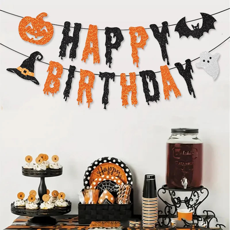 Halloween Theme “Happy Birthday” Banner — Orange & Black Pumpkin, Bat & Witch Hat Party Decoration