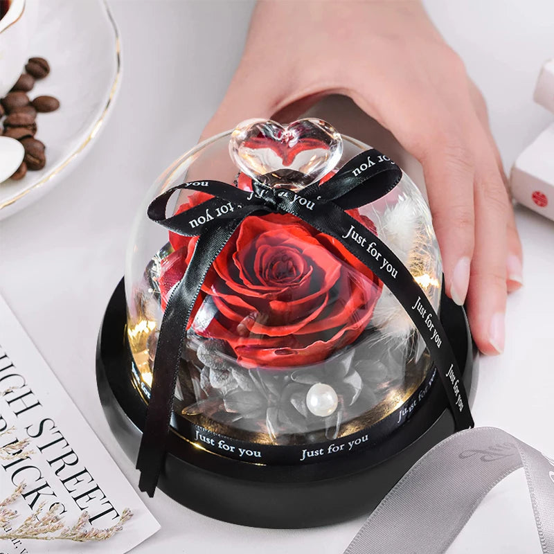 Gifts for Girls Eternal Flowers In Heart Glass Dome with Led Light Forever Preserved Rose Wedding Gift for Mom Women Girlfriend