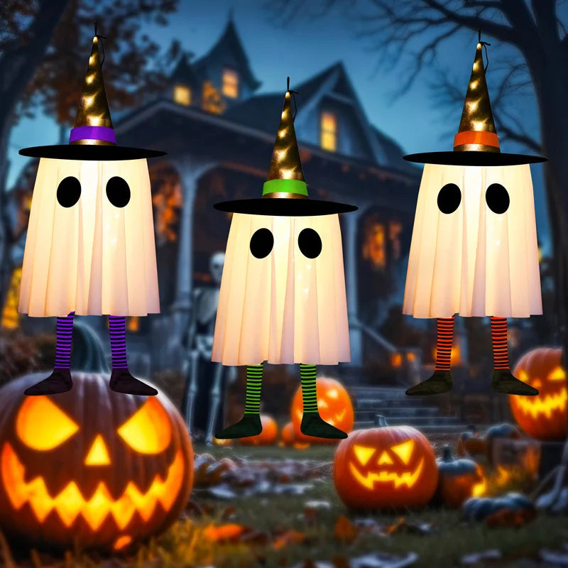 Halloween Hanging Ghost Decorations, Outdoor Halloween Witches Hat Lights, Glowing Ghosts for Garden Trees, Yard Halloween Decor