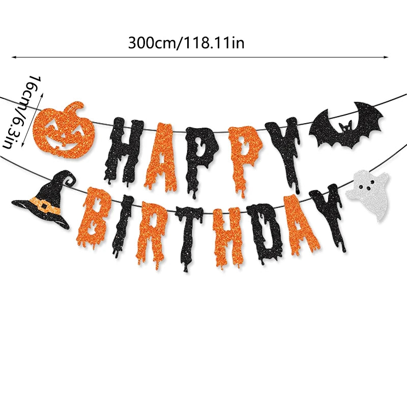 Halloween Theme “Happy Birthday” Banner — Orange & Black Pumpkin, Bat & Witch Hat Party Decoration