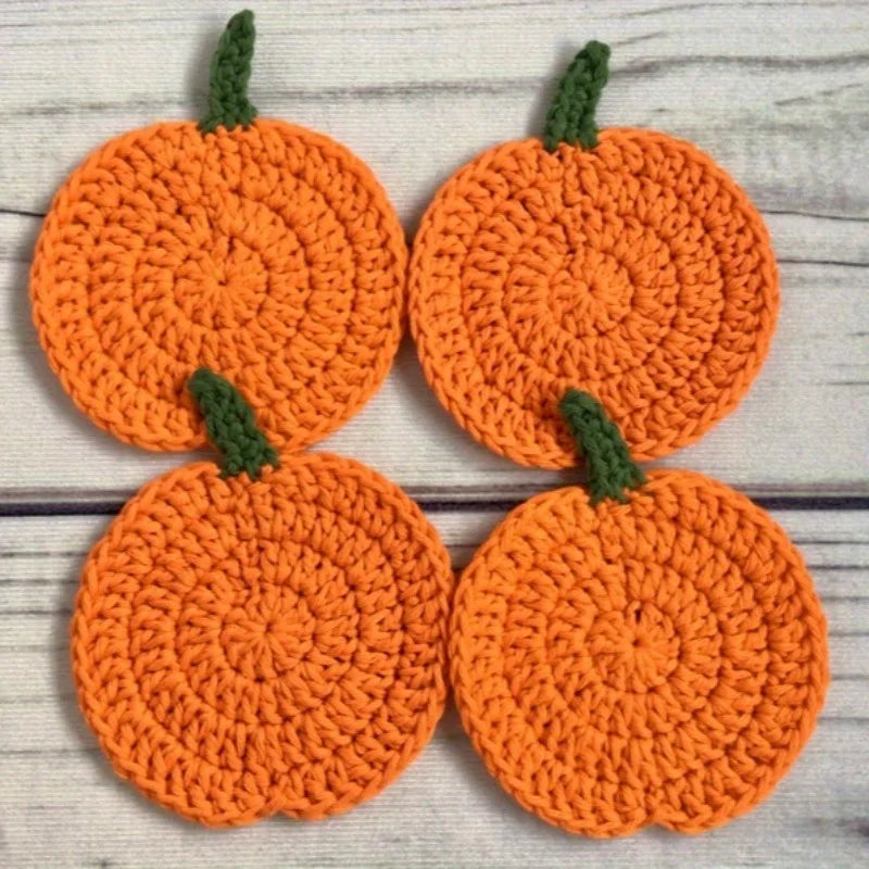 Hand-Crocheted Pumpkin Coaster Set — Fall & Halloween Yarn Drink Mats (Heat-Resistant)