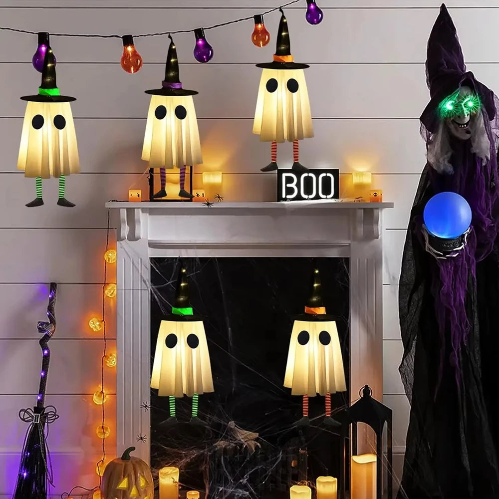Halloween Hanging Ghost Decorations, Outdoor Halloween Witches Hat Lights, Glowing Ghosts for Garden Trees, Yard Halloween Decor