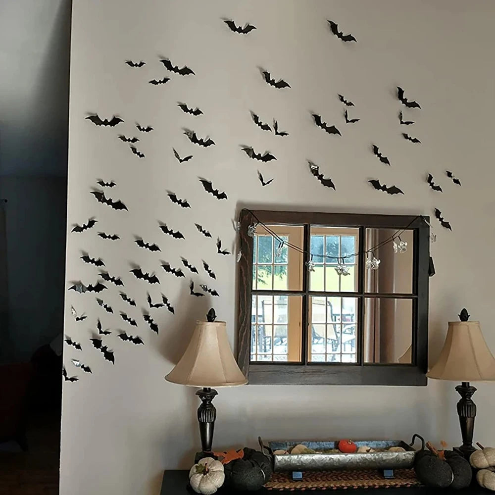 Halloween Bat Wall Stickers — Black PVC 3D Bat Decorations for Walls & Doors, Spooky Seasonal Décor