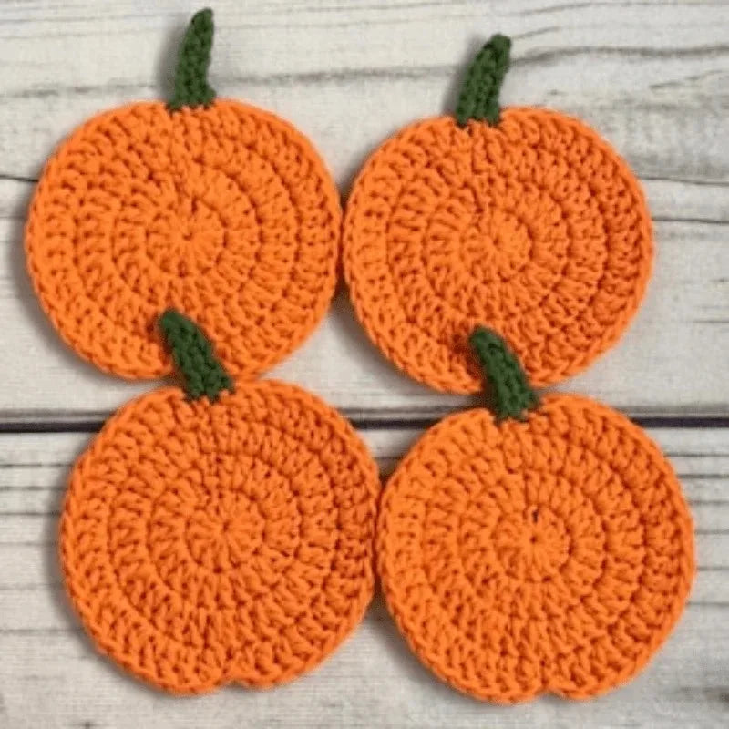 Hand-Crocheted Pumpkin Coaster Set — Fall & Halloween Yarn Drink Mats (Heat-Resistant)