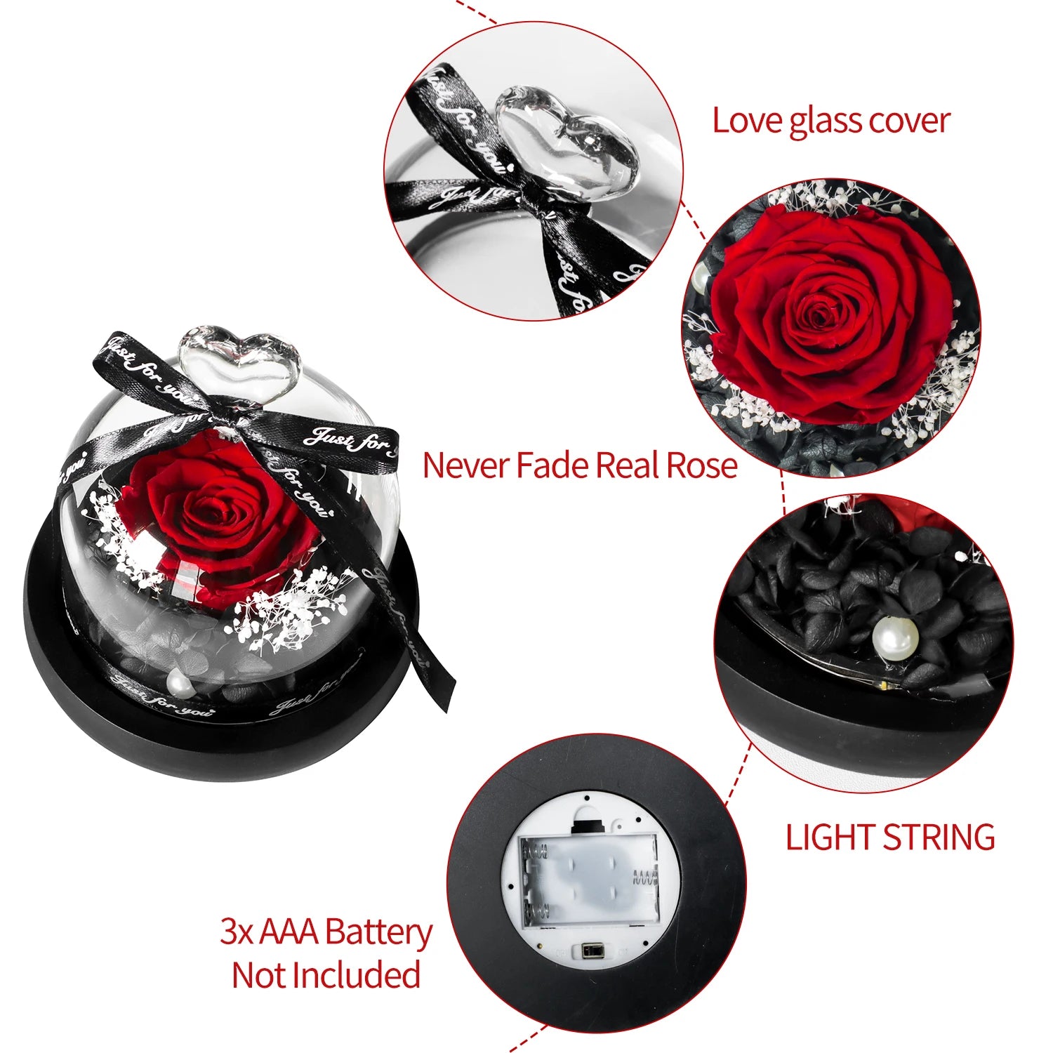 Gifts for Girls Eternal Flowers In Heart Glass Dome with Led Light Forever Preserved Rose Wedding Gift for Mom Women Girlfriend