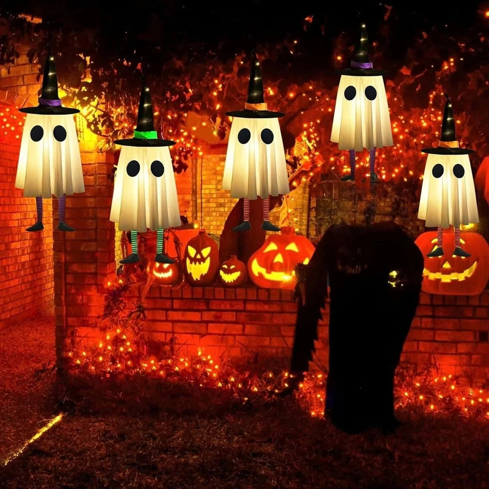 Halloween Hanging Ghost Decorations, Outdoor Halloween Witches Hat Lights, Glowing Ghosts for Garden Trees, Yard Halloween Decor
