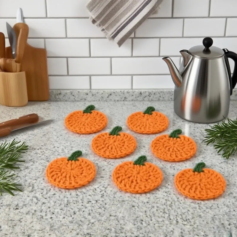 Hand-Crocheted Pumpkin Coaster Set — Fall & Halloween Yarn Drink Mats (Heat-Resistant)
