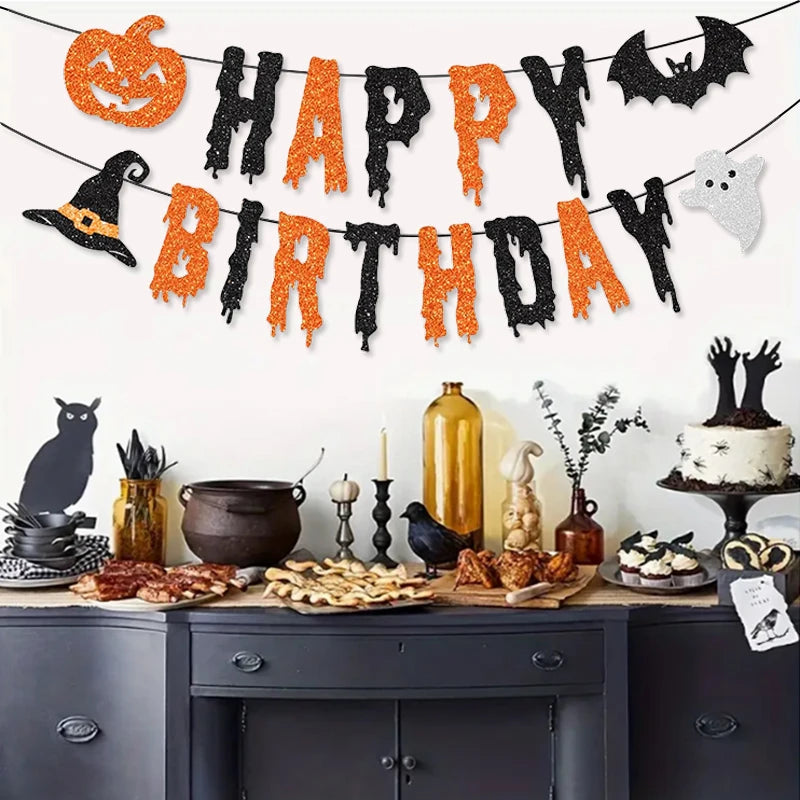 Halloween Theme “Happy Birthday” Banner — Orange & Black Pumpkin, Bat & Witch Hat Party Decoration