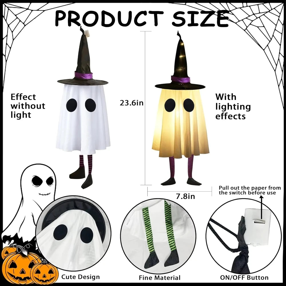 Halloween Hanging Ghost Decorations, Outdoor Halloween Witches Hat Lights, Glowing Ghosts for Garden Trees, Yard Halloween Decor