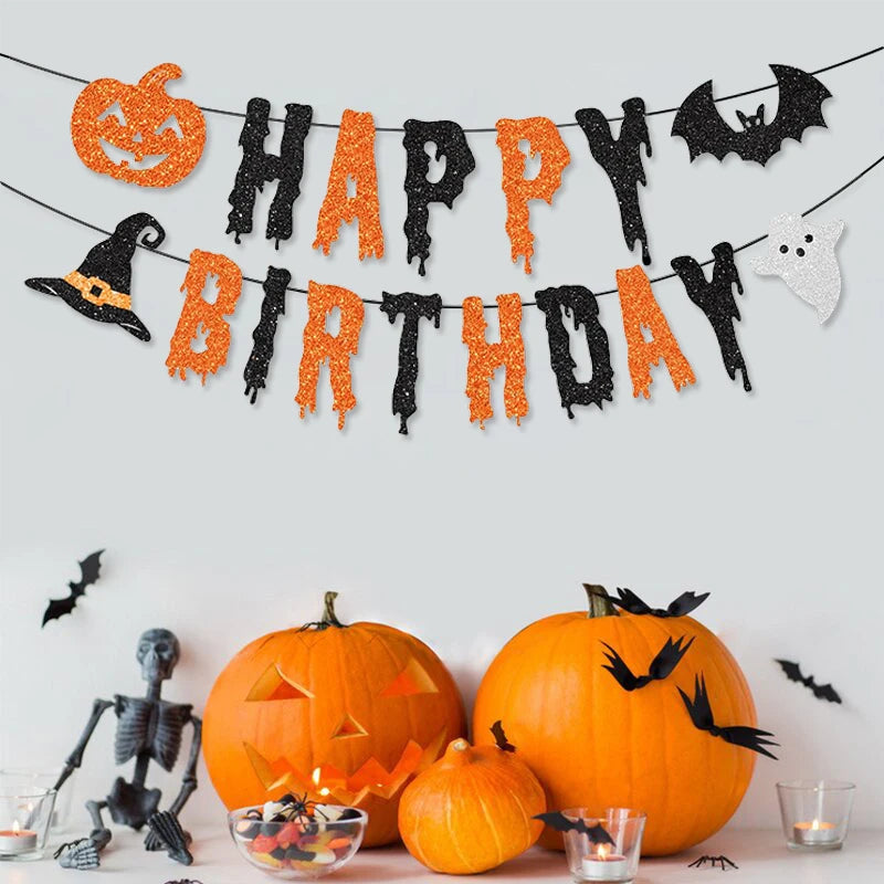 Halloween Theme “Happy Birthday” Banner — Orange & Black Pumpkin, Bat & Witch Hat Party Decoration