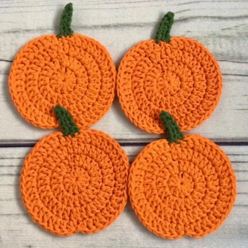 Hand-Crocheted Pumpkin Coaster Set — Fall & Halloween Yarn Drink Mats (Heat-Resistant)