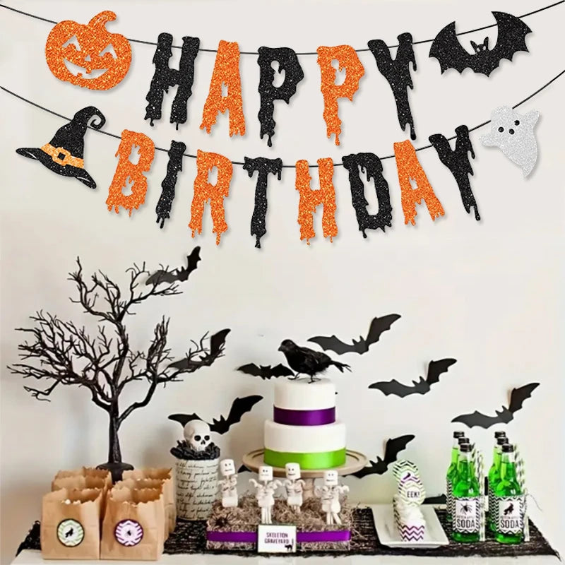 Halloween Theme “Happy Birthday” Banner — Orange & Black Pumpkin, Bat & Witch Hat Party Decoration